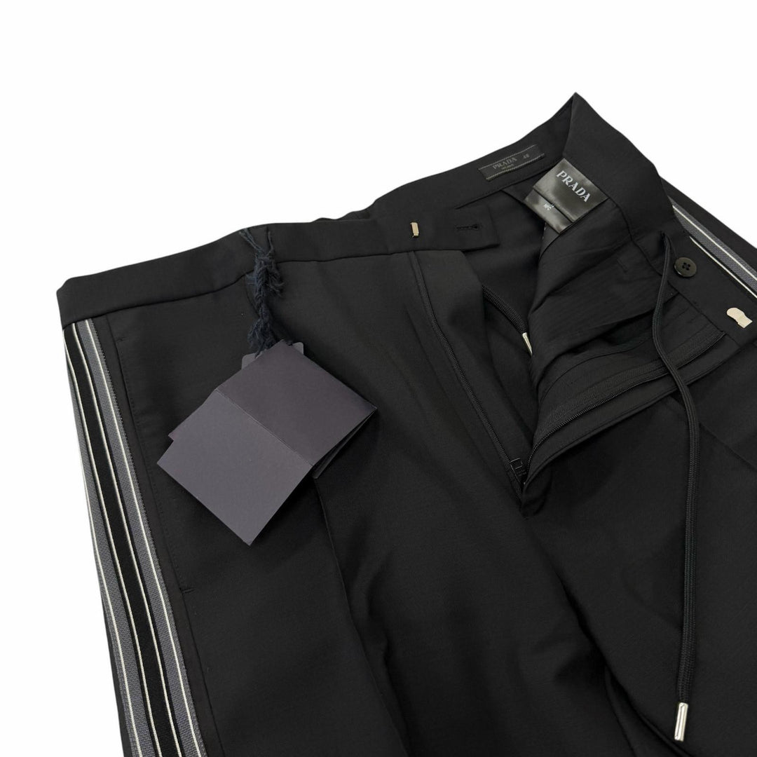 Pristine PRADA slacks Triangle logo, hem zipper, side stripe black mohair