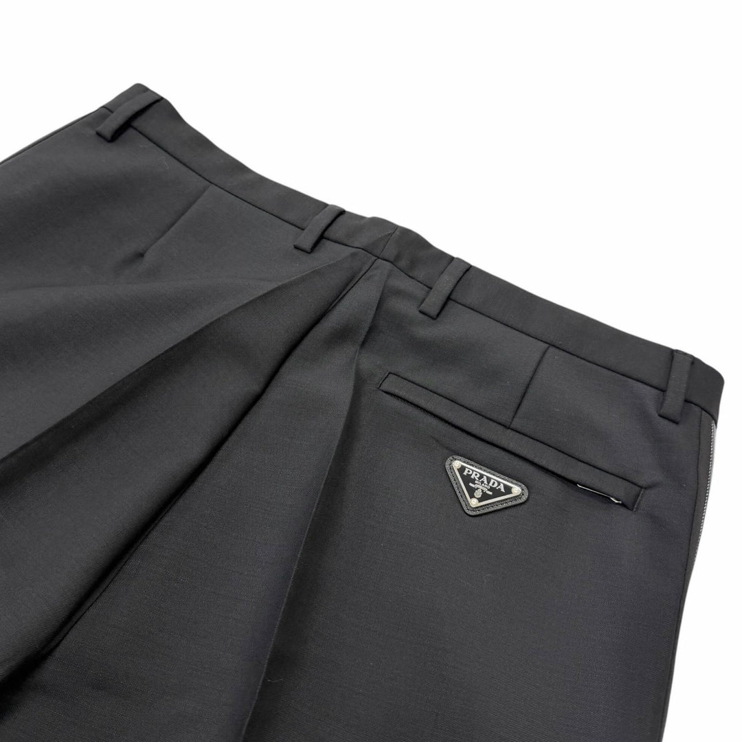 Pristine PRADA slacks Triangle logo, hem zipper, side stripe black mohair