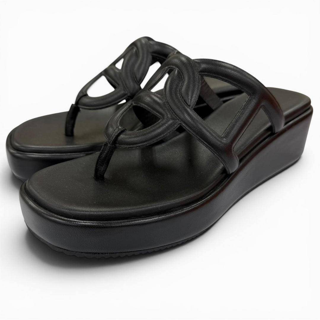Excellent HERMES Sandals Gypsy Chaine d'Ancre platform leather shoes black 36