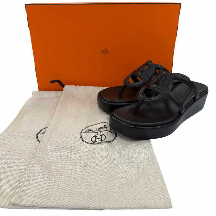 Excellent HERMES Sandals Gypsy Chaine d'Ancre platform leather shoes black 36