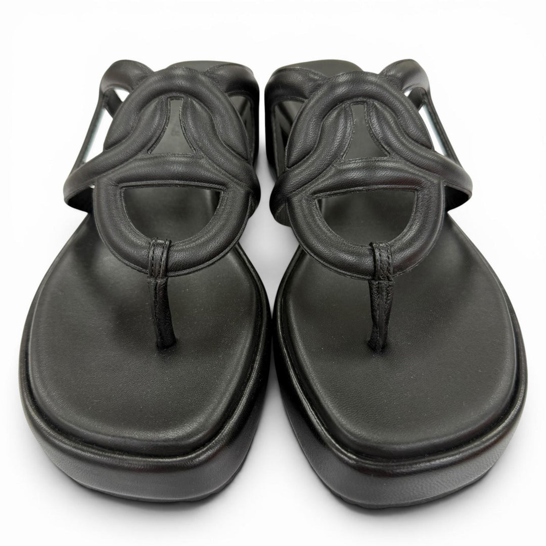 Excellent HERMES Sandals Gypsy Chaine d'Ancre platform leather shoes black 36