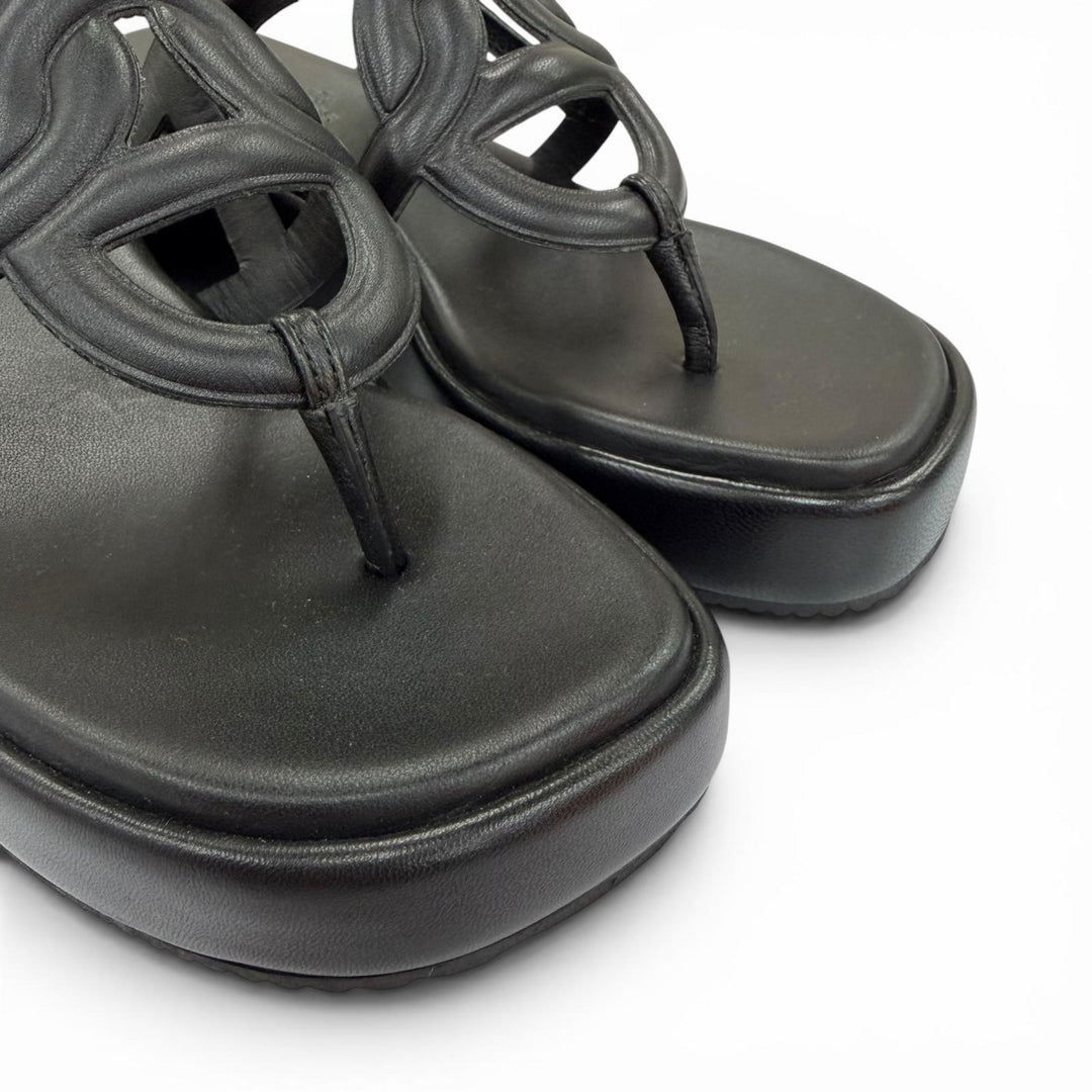 Excellent HERMES Sandals Gypsy Chaine d'Ancre platform leather shoes black 36