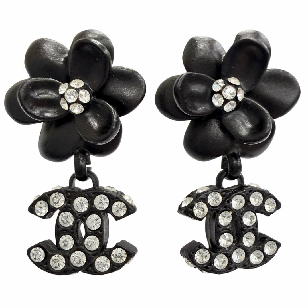 Great CHANEL Camellia COCO Mark Rhinestone Piercings (for both ears) black 02A