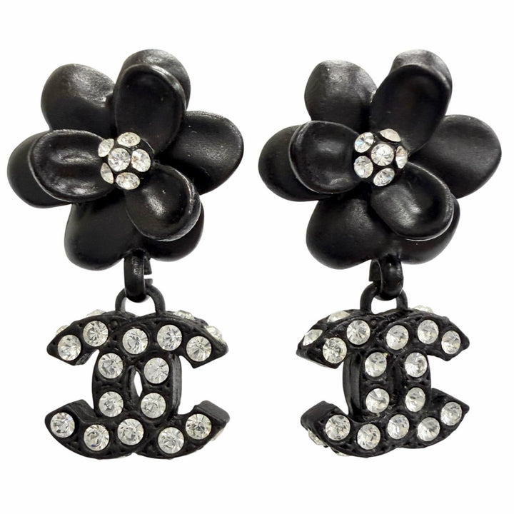Great CHANEL Camellia COCO Mark Rhinestone Piercings (for both ears) black 02A