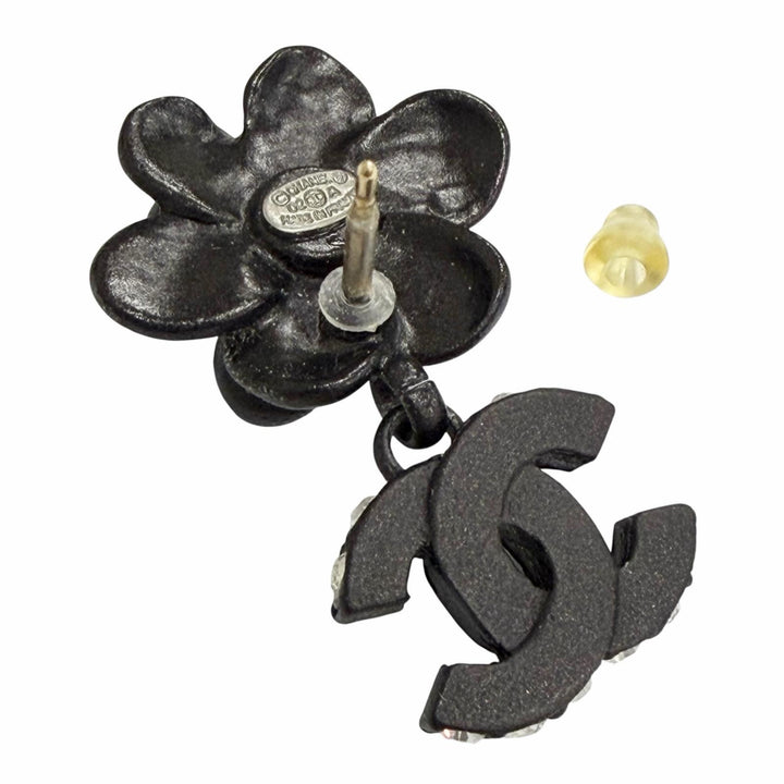 Great CHANEL Camellia COCO Mark Rhinestone Piercings (for both ears) black 02A