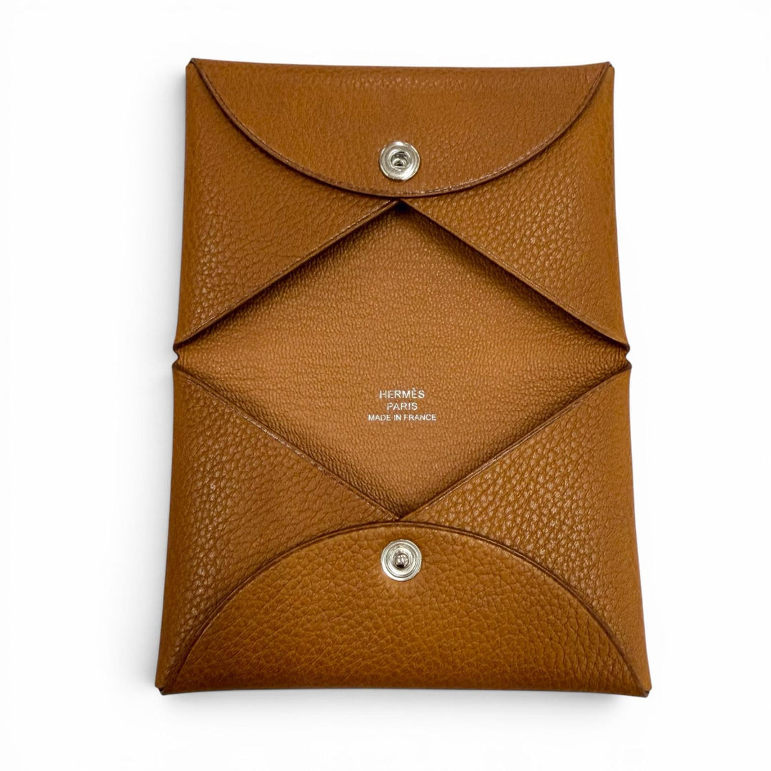 Pristine HERMES Card Case Calvi Bifold Wallet Coin case Brown Epsom Leather mens