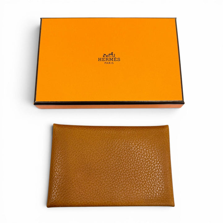 Pristine HERMES Card Case Calvi Bifold Wallet Coin case Brown Epsom Leather mens