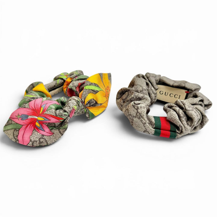 Pristine GUCCI GG Sherry Line Flower Ribbon Scrunchie (Set of 2) 765564 3G001