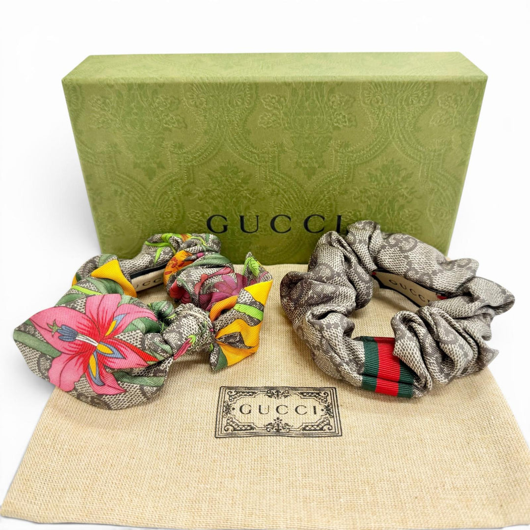 Pristine GUCCI GG Sherry Line Flower Ribbon Scrunchie (Set of 2) 765564 3G001