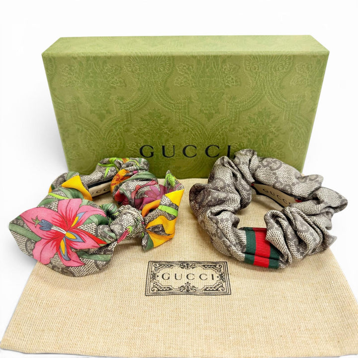 Pristine GUCCI GG Sherry Line Flower Ribbon Scrunchie (Set of 2) 765564 3G001