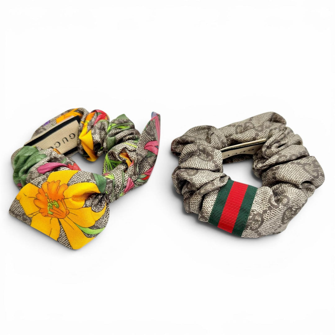 Pristine GUCCI GG Sherry Line Flower Ribbon Scrunchie (Set of 2) 765564 3G001