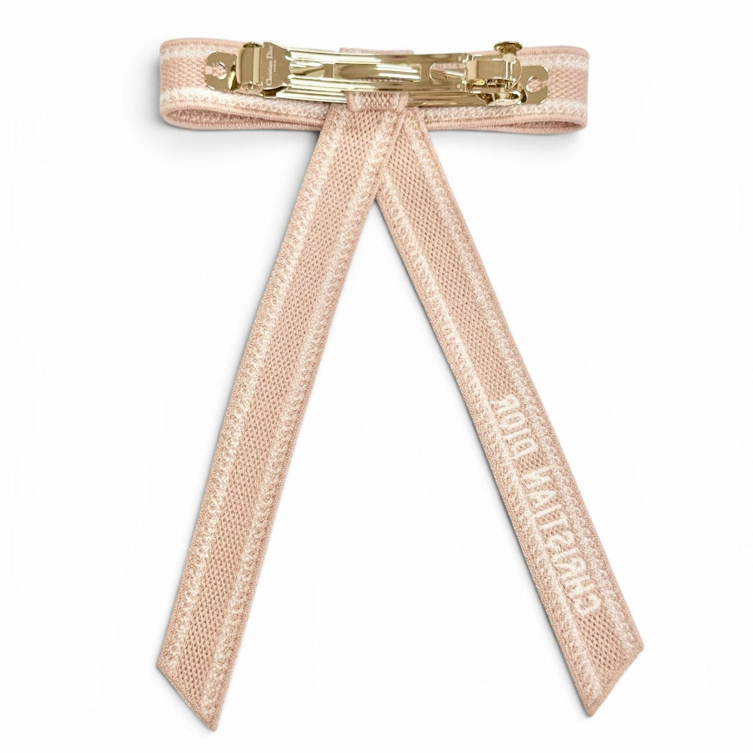 Pristine Christian Dior Dior Twist Logo Embroidery Ribbon Barrette pink