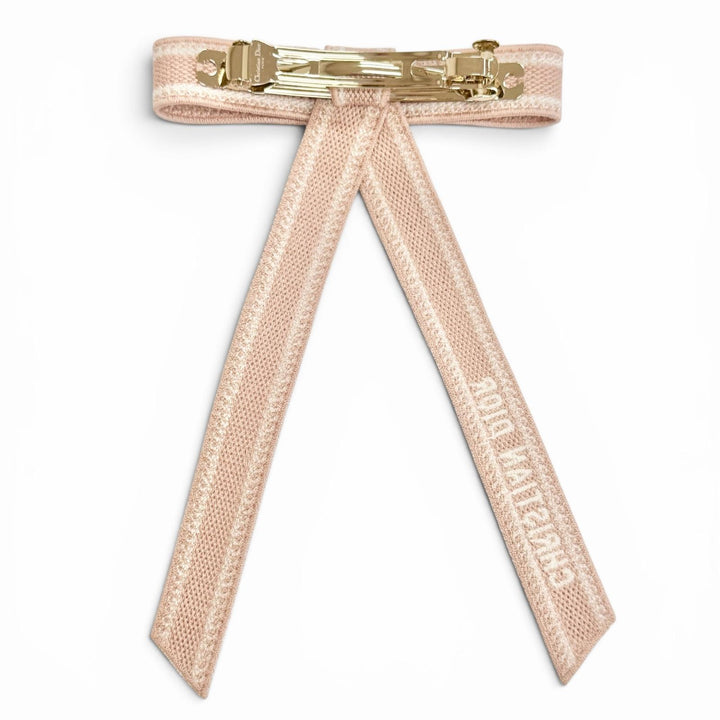 Pristine Christian Dior Dior Twist Logo Embroidery Ribbon Barrette pink