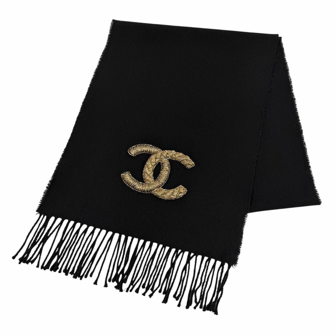 Great CHANEL Scarf COCO Mark Fringe Stole black wool Women