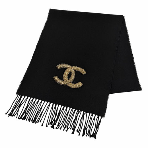 Great CHANEL Scarf COCO Mark Fringe Stole black wool Women