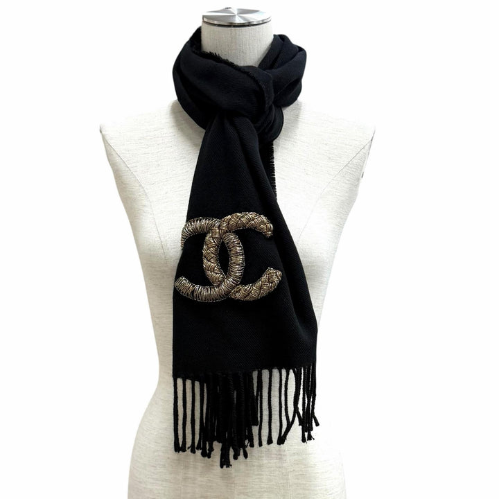 Great CHANEL Scarf COCO Mark Fringe Stole black wool Women