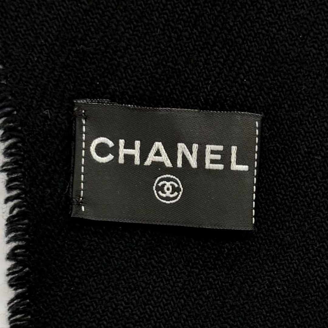 Great CHANEL Scarf COCO Mark Fringe Stole black wool Women