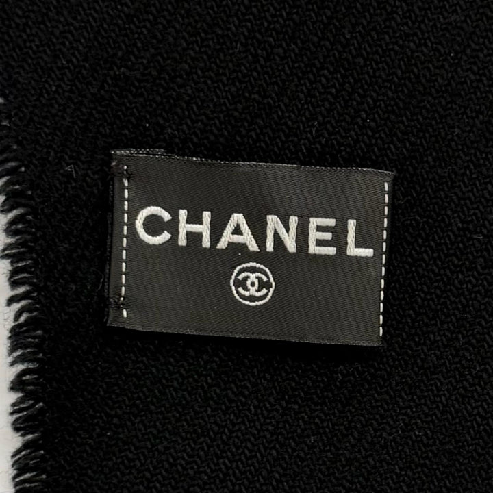Great CHANEL Scarf COCO Mark Fringe Stole black wool Women