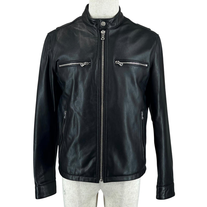 Great Michael Kors Leather jacket Logo button stand collar single black Cowhide