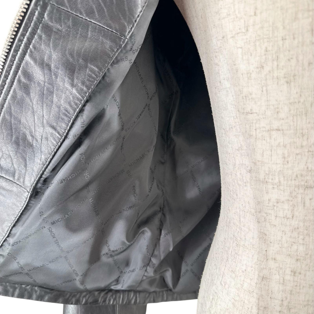 Great Michael Kors Leather jacket Logo button stand collar single black Cowhide