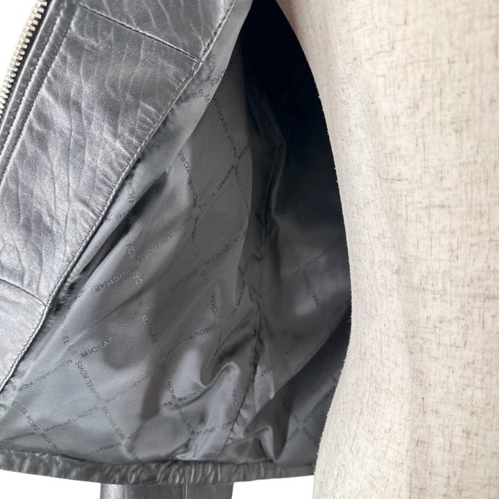 Great Michael Kors Leather jacket Logo button stand collar single black Cowhide