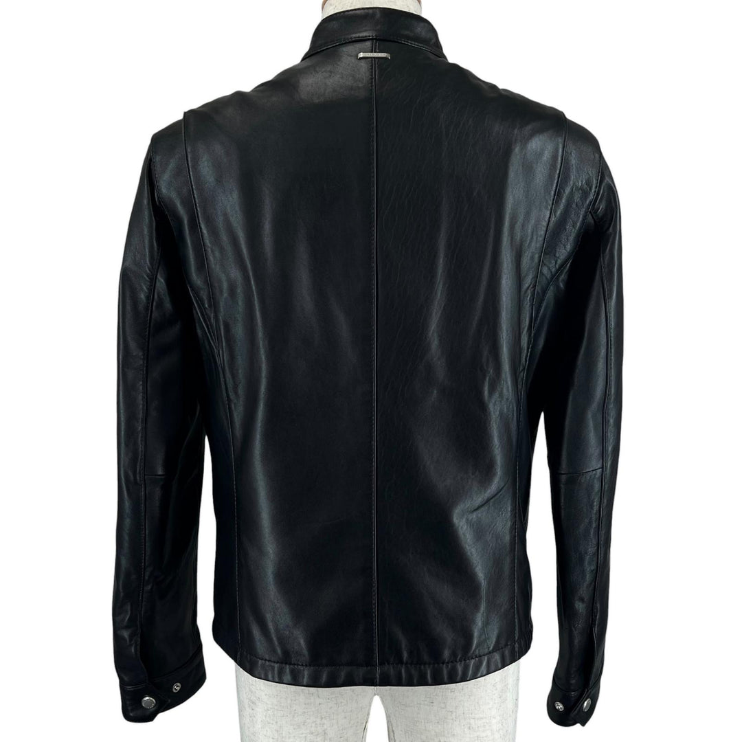 Great Michael Kors Leather jacket Logo button stand collar single black Cowhide