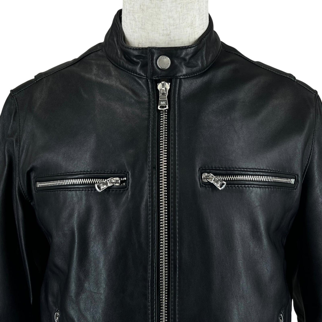 Great Michael Kors Leather jacket Logo button stand collar single black Cowhide