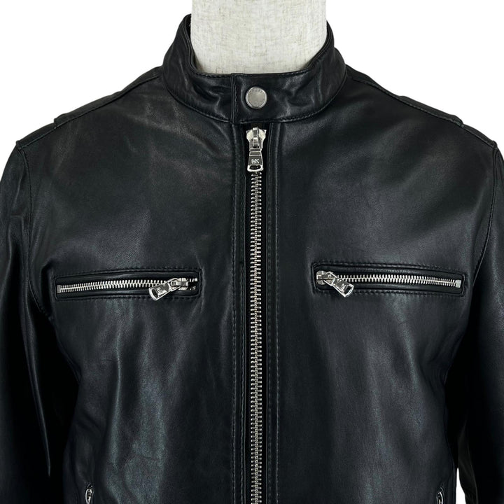 Great Michael Kors Leather jacket Logo button stand collar single black Cowhide
