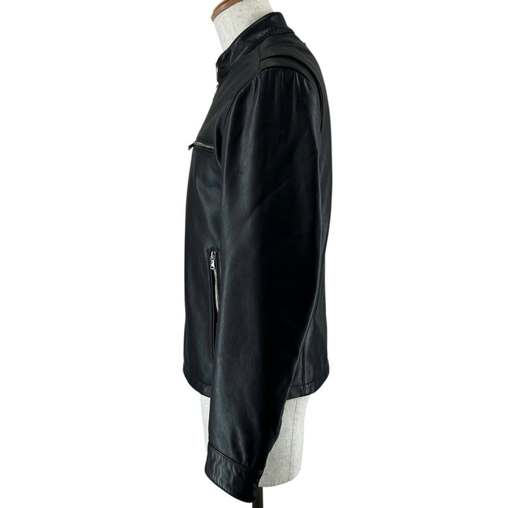 Great Michael Kors Leather jacket Logo button stand collar single black Cowhide