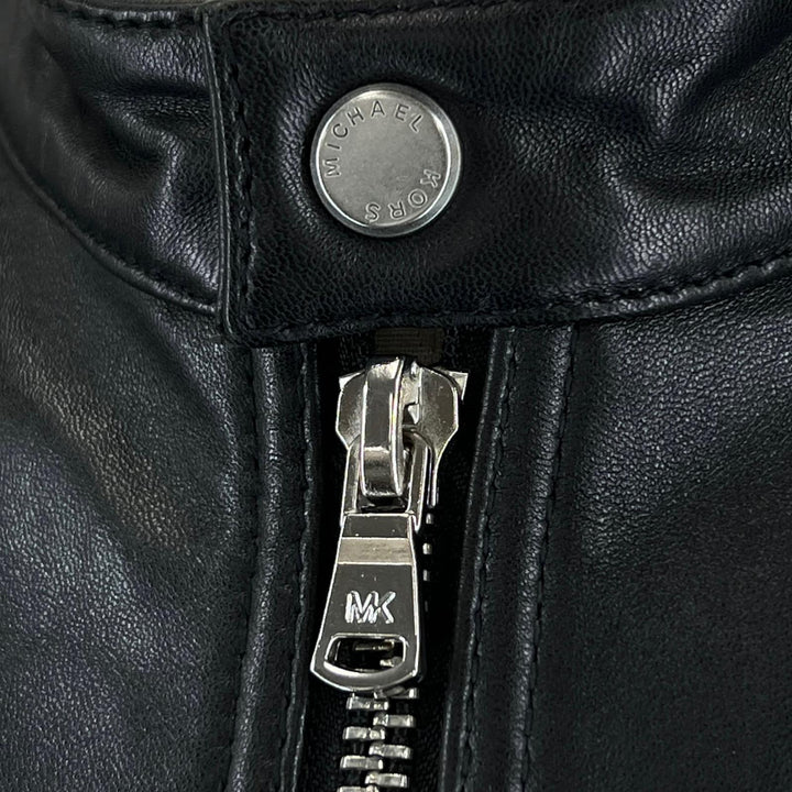 Great Michael Kors Leather jacket Logo button stand collar single black Cowhide