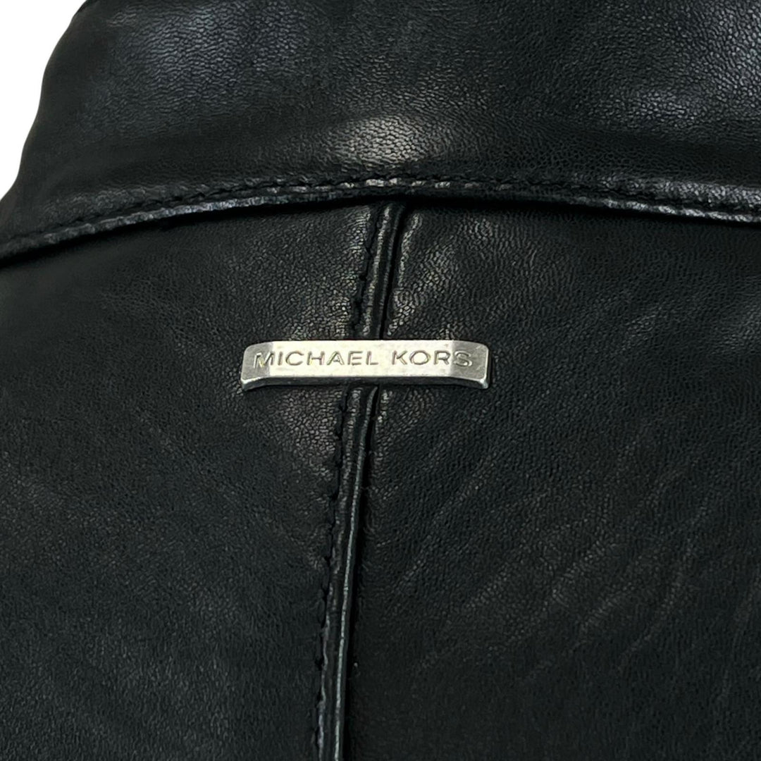 Great Michael Kors Leather jacket Logo button stand collar single black Cowhide