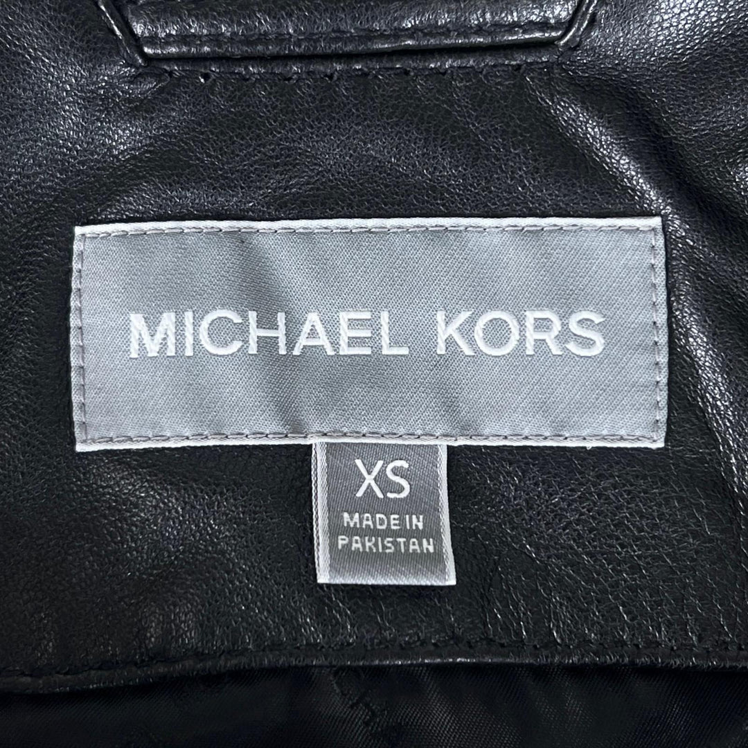 Great Michael Kors Leather jacket Logo button stand collar single black Cowhide
