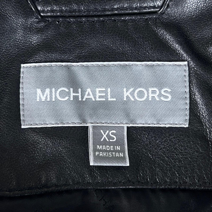 Great Michael Kors Leather jacket Logo button stand collar single black Cowhide