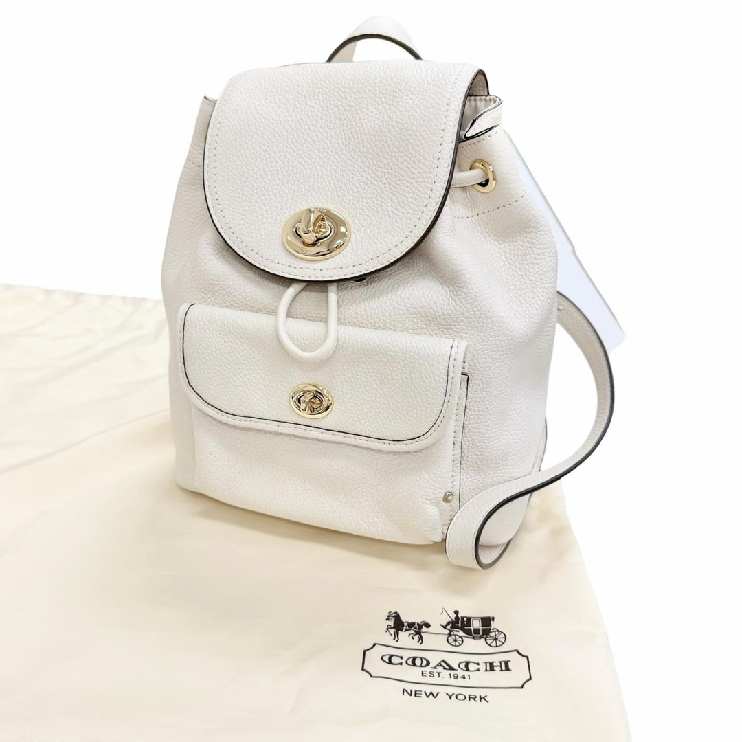 Excellent COACH Backpack Daypack Logo Turnlock Leather Ivory leather Women 37581