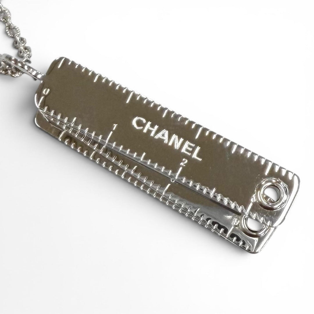 Pristine CHANEL Necklace COCO Mark Logo Engraved Measuring Tape Silver Women G26