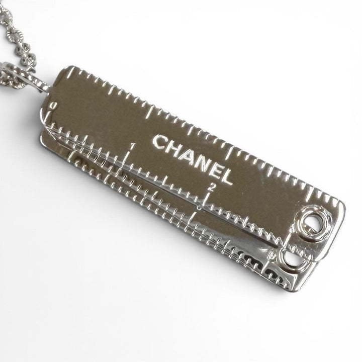 Pristine CHANEL Necklace COCO Mark Logo Engraved Measuring Tape Silver Women G26