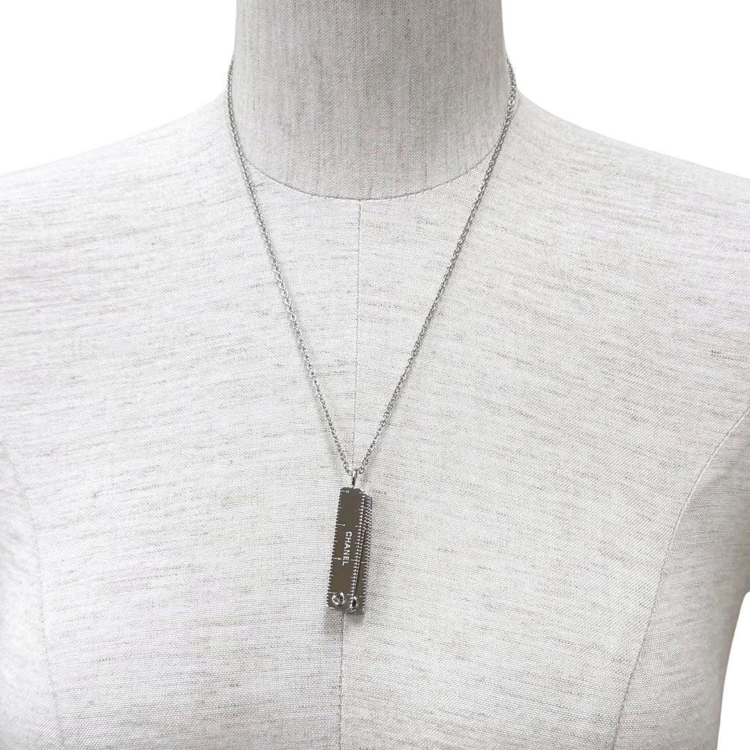 Pristine CHANEL Necklace COCO Mark Logo Engraved Measuring Tape Silver Women G26