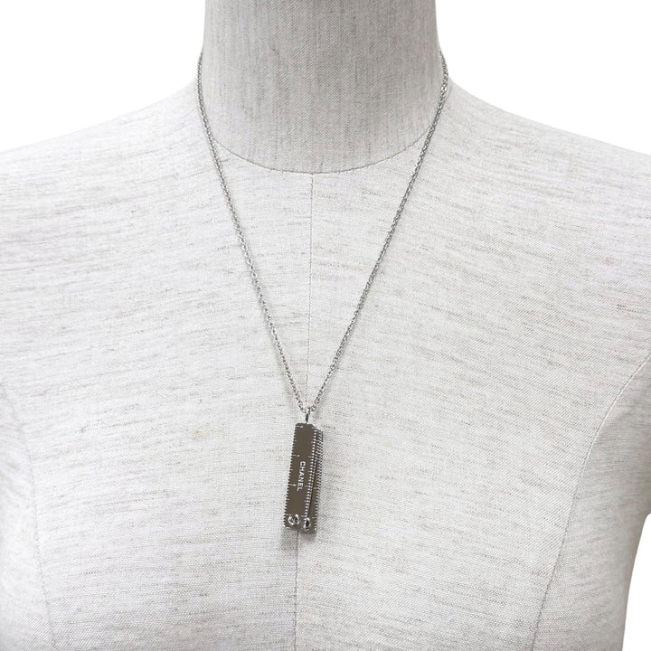 Pristine CHANEL Necklace COCO Mark Logo Engraved Measuring Tape Silver Women G26