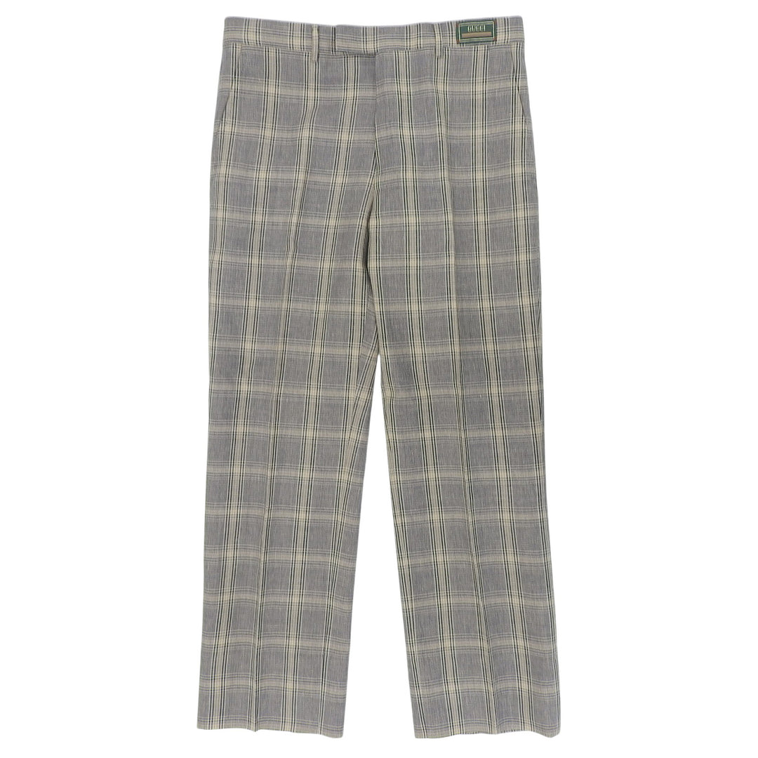 Excellent GUCCI slacks Logo Check Pattern Pants Navy linen mens 46 707294