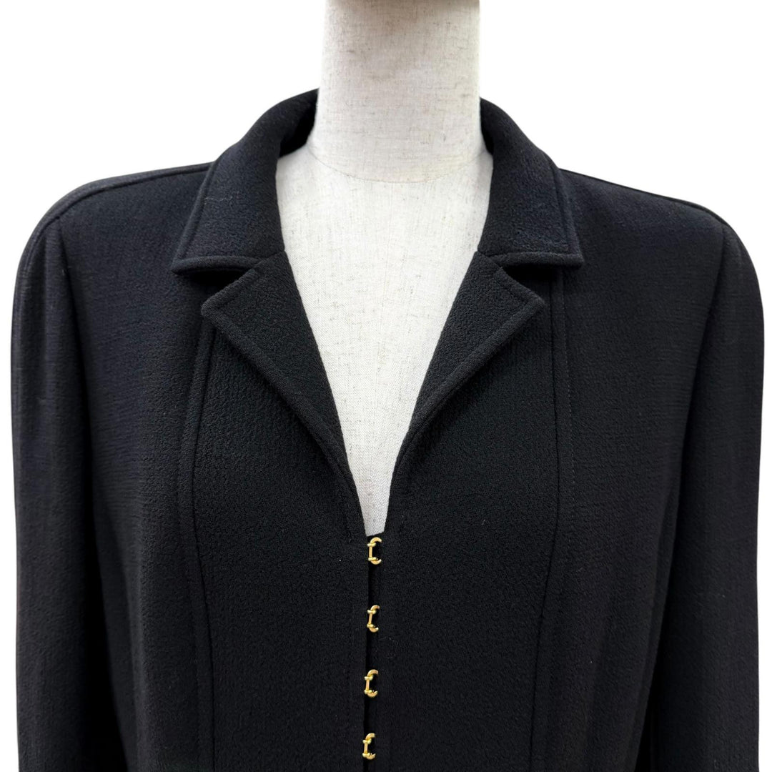 Excellent CHANEL coat COCO Mark Button Long Length black wool 42 96A P08181