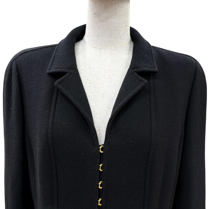 Excellent CHANEL coat COCO Mark Button Long Length black wool 42 96A P08181