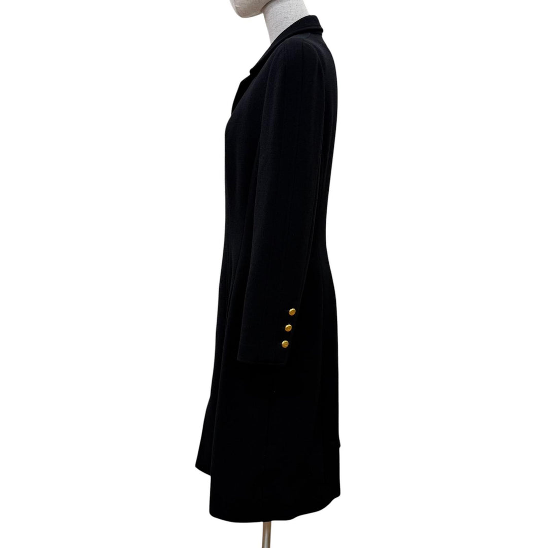 Excellent CHANEL coat COCO Mark Button Long Length black wool 42 96A P08181