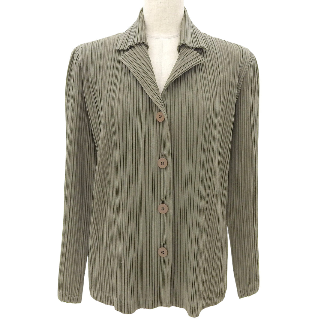 Great PLEATS PLEASE blouse Olive green cotton Women 3 PP51-JD471