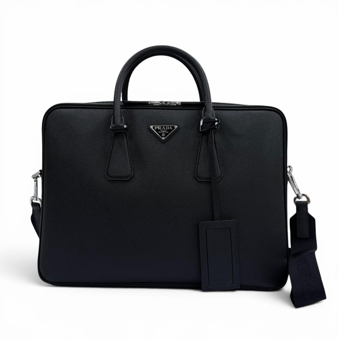 Excellent PRADA Business bag black Safiano leather mens 2VE022