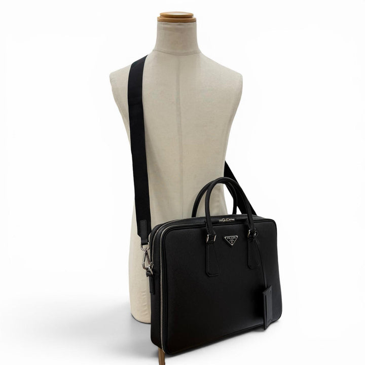 Excellent PRADA Business bag black Safiano leather mens 2VE022