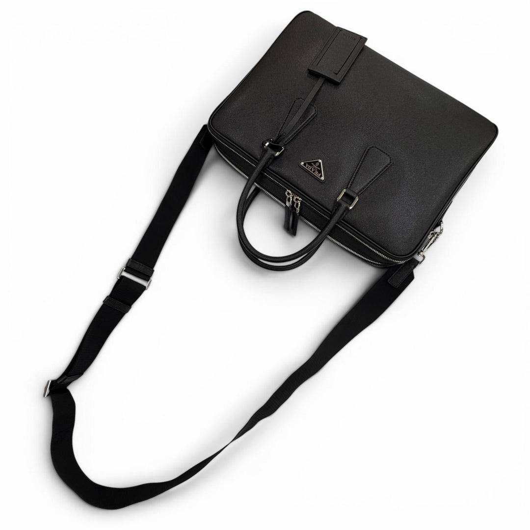 Excellent PRADA Business bag black Safiano leather mens 2VE022