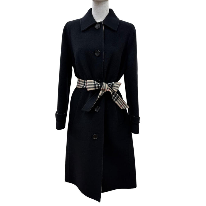 Excellent BURBERRY LONDON Nova check pattern lining, belt wrap coat black 38