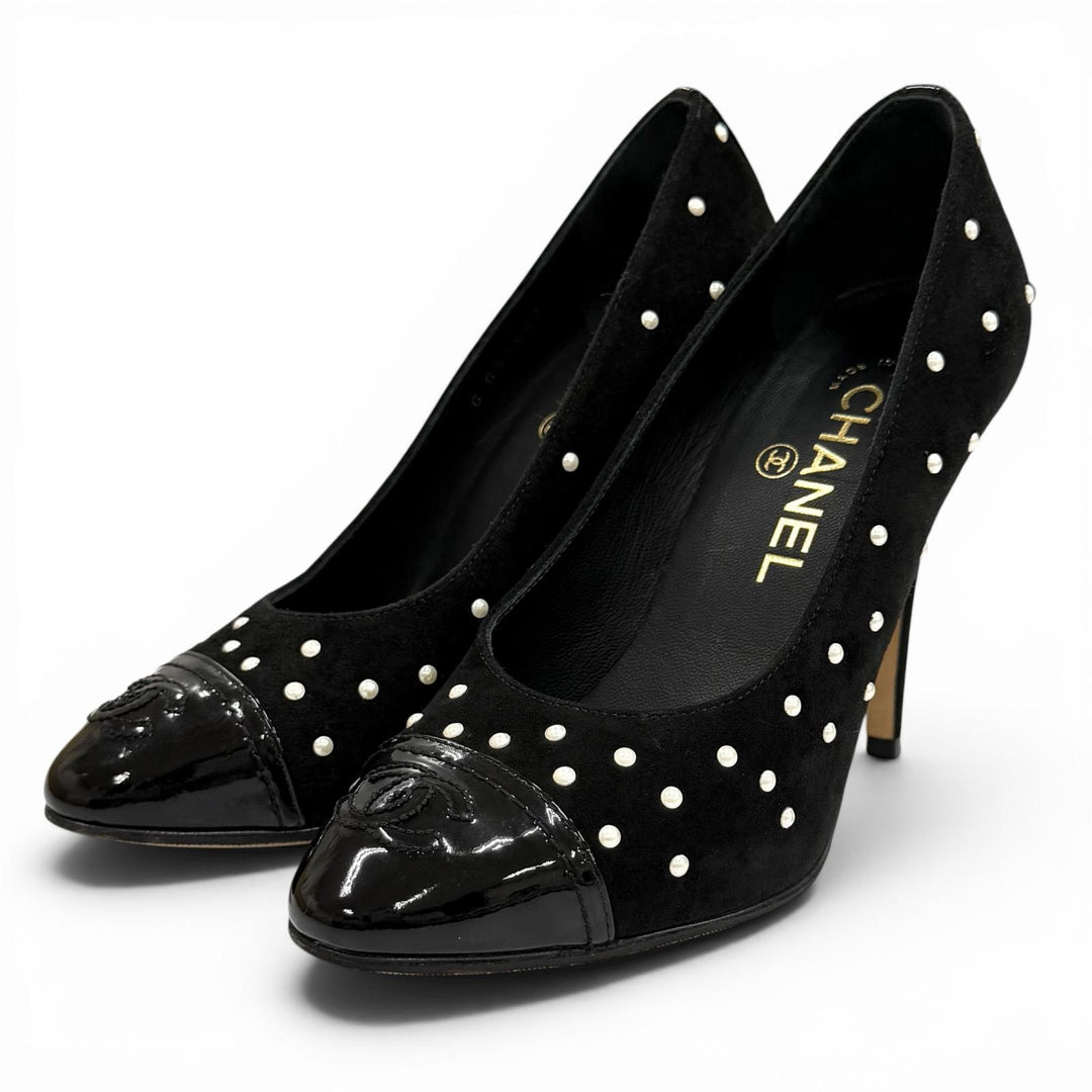 Great CHANEL pumps black Suede leather Women 35 G33422