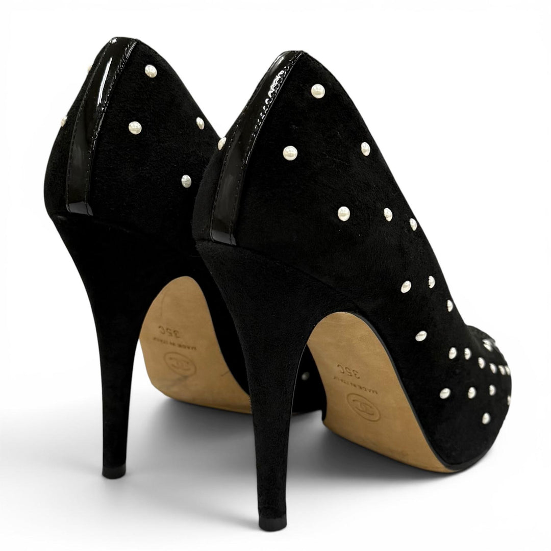 Great CHANEL pumps black Suede leather Women 35 G33422