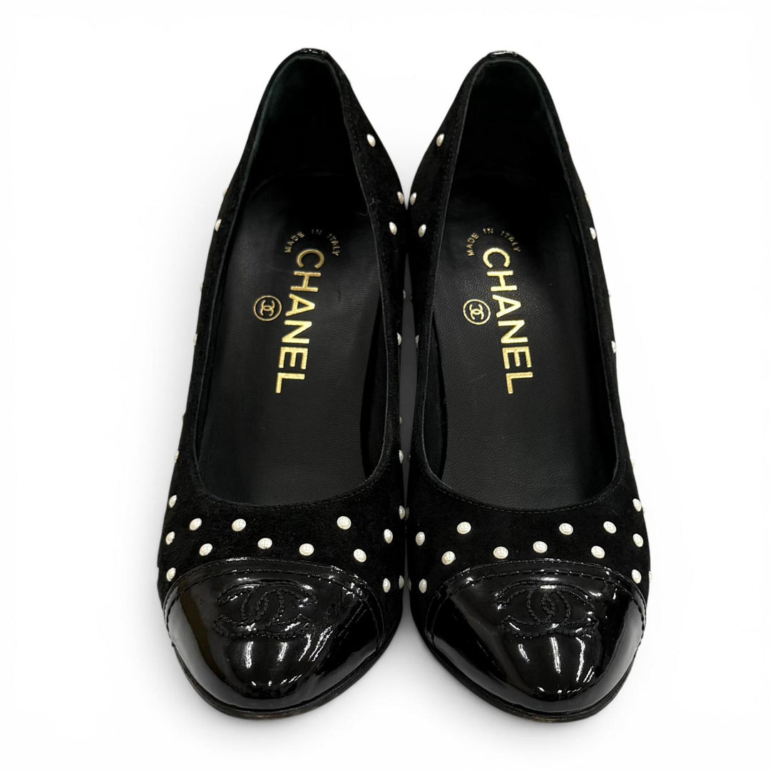 Great CHANEL pumps black Suede leather Women 35 G33422